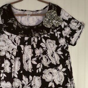 Jaclyn Smith, Black White Floral, Lace Coller Top, 2X